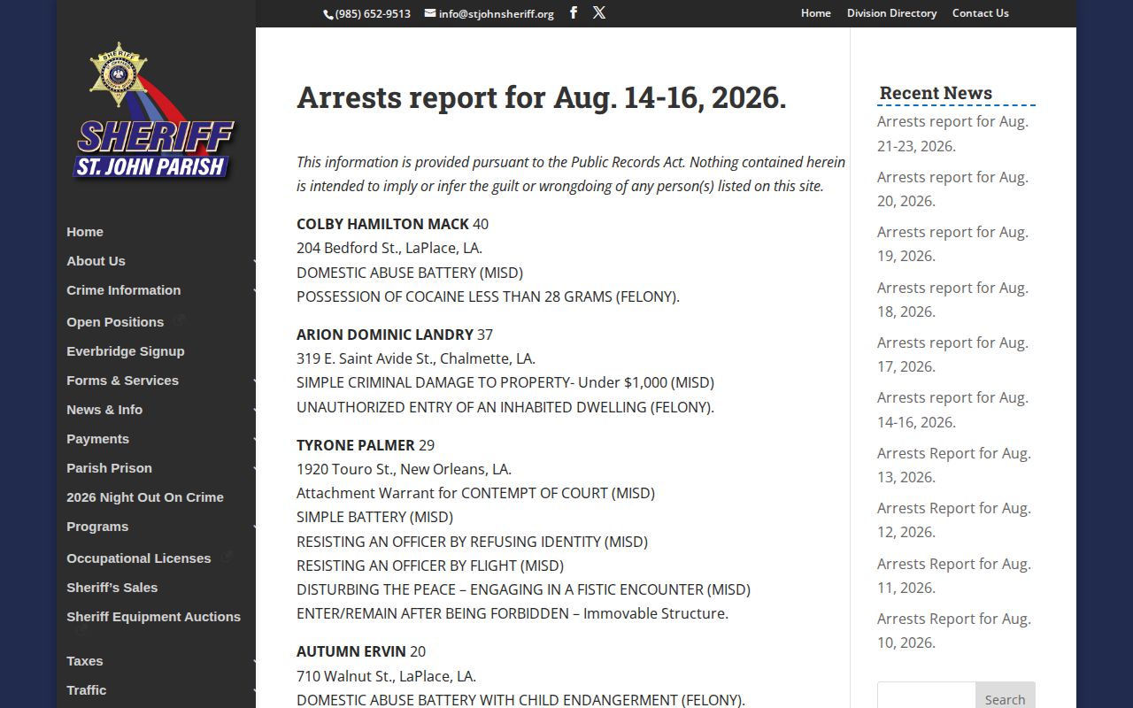 St. John Parish weekend arrest report relevant to Edgard records