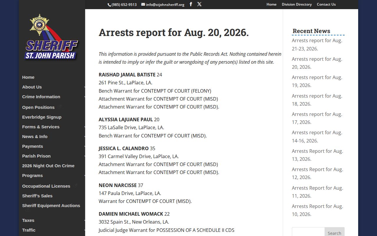 St. John Parish official arrest report used for Reserve booking record research