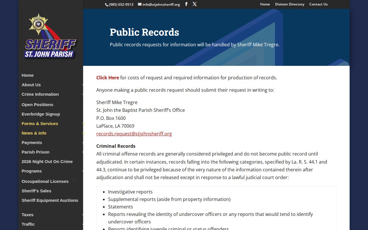 St. John the Baptist Parish booking record request page