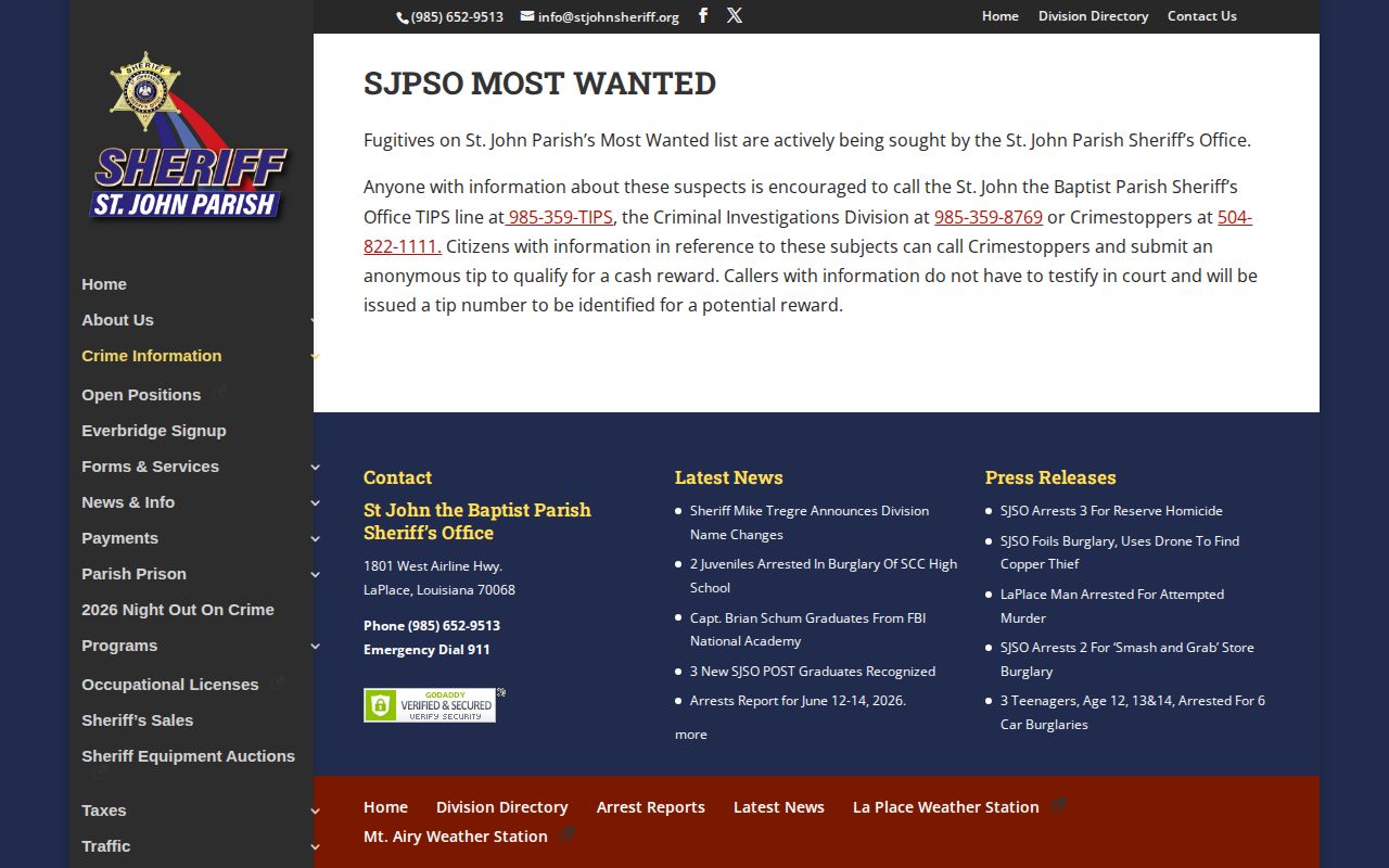 St. John the Baptist Parish most wanted fugitive and tip record page
